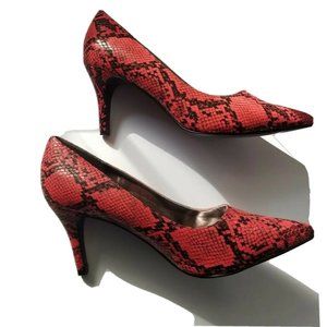 RED SNAKE PRINT PUMPS HEELS NEW WOMENS SIZE 10 GORGEOUS PURPLE SOLES MULTI SIZES